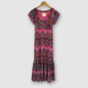 Vanessa Virginia Anthropologie Abstract Print Beaded Tiered Midi Dress Size 6